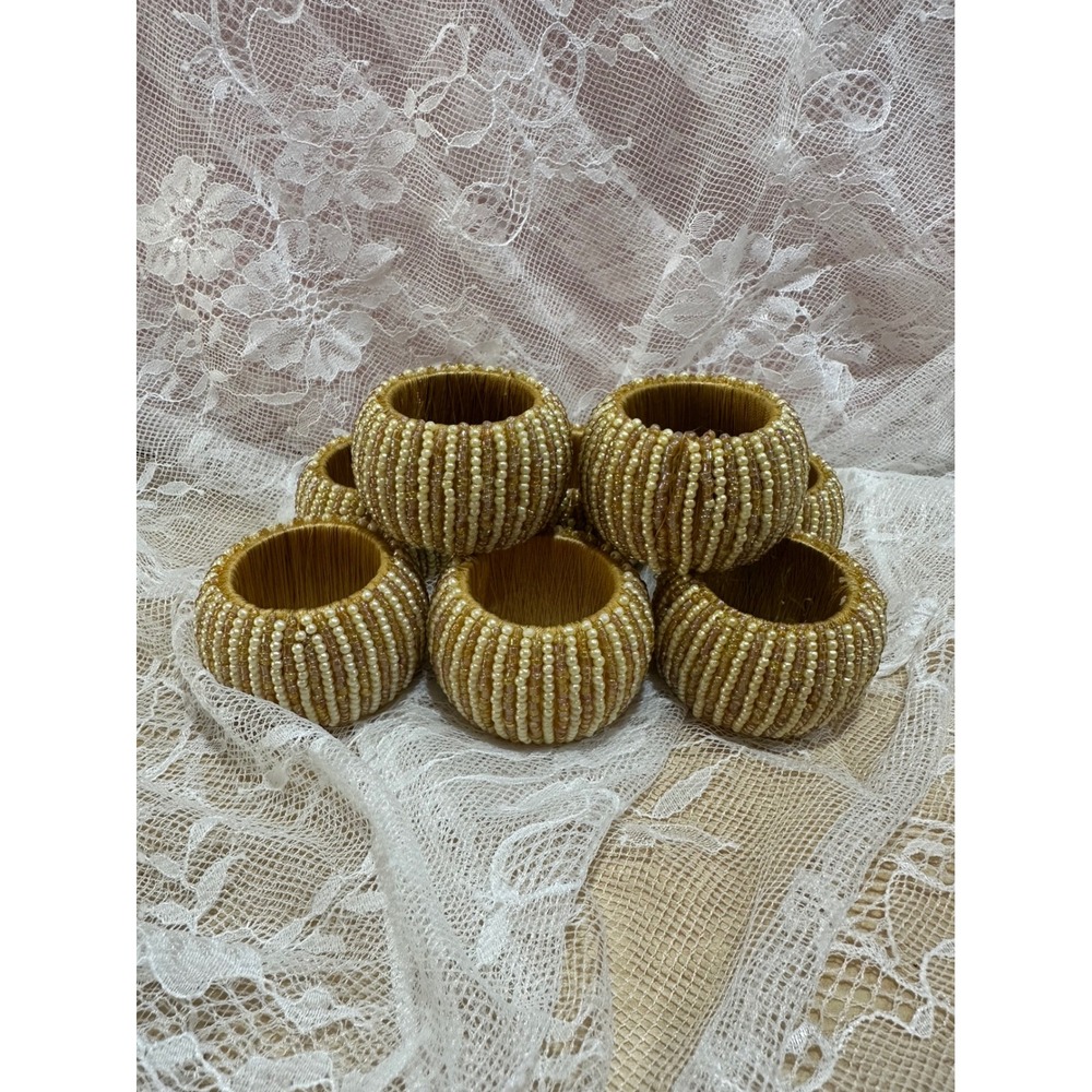 Vintage Gold Beaded Napkin Rings Set of 8 Faux Pearl Cream Table Decor